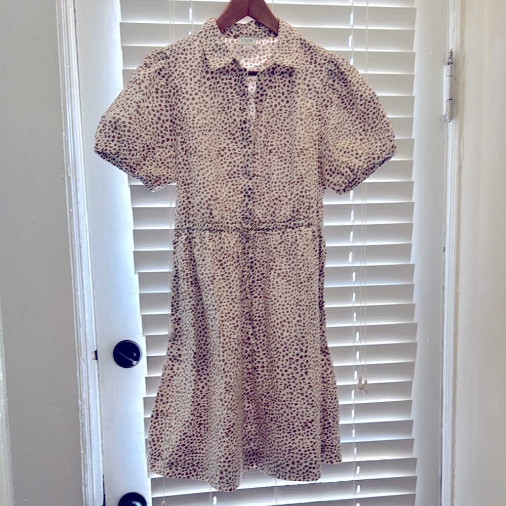 J. Crew Tan and Brown Buttoned Puff Sleeve Midi Dress